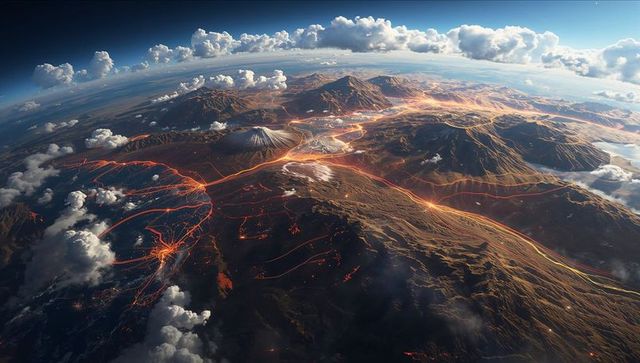 Orbiting vista revealing glowing lava highways snaking across volcanic mountain terrain