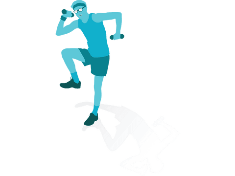 Digital cartoon illustration depicting a blue man performing exercise with weights, illustrated on a transparent background. Ideal for use in health and fitness posters, workout guides, or branding materials promoting physical activity. Great for conveying concepts of wellness and vitality in marketing or educational content.