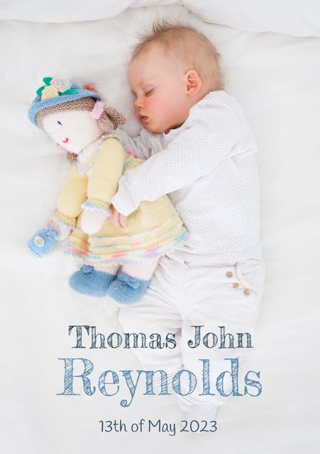 Newborn baby peacefully sleeping, holding a soft toy doll on a white bed. Suitable for baby product promotions, birth announcements, parenting blogs, nursery decor, and advertisements for children's toys or clothing.