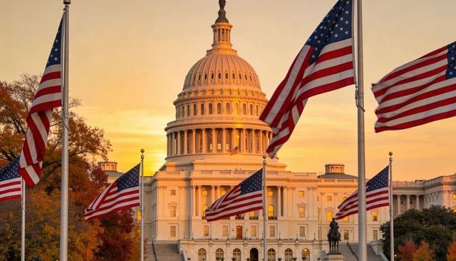 Capitol dome framing waving american flags at golden sunset on capitol grounds