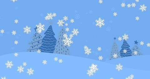 Snow falling over decorative Christmas trees on blue background