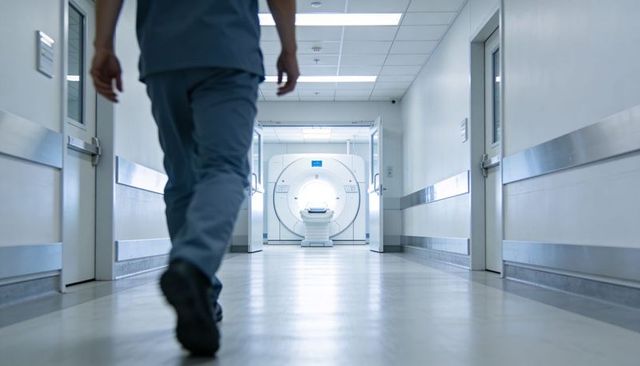 Medical staff walking toward mri scanner in modern sterile hospital corridor