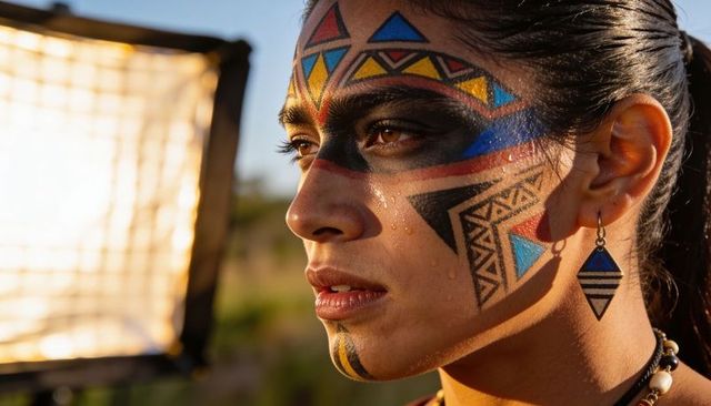 Bold geometric face paint portrait with water droplets and tribal earrings at golden hour