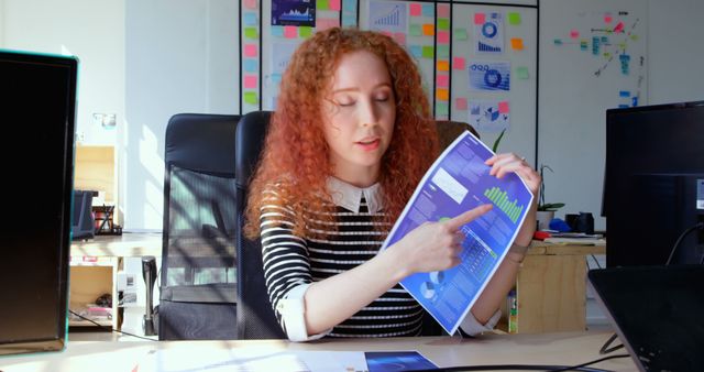 Redhead businesswoman is presenting a financial report in an office environment. She is seated at a desk pointing towards a section of a colorfully designed chart. Sticky notes, diagrams, and information are placed on a whiteboard in the background, suggesting a collaborative and dynamic workplace. She is engaged in a business meeting, making explanations or strategic decisions regarding financial data. This can be used in contexts like professional success stories, marketing materials for financial consulting, presentations on data analysis, team collaboration, or workplace productivity.