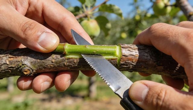 Gardener trimming green scion for grafting on apple branch with serrated knife in orchard