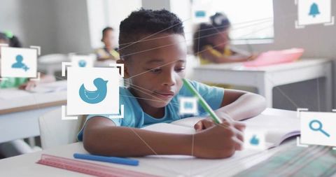 Elementary student writing in classroom with floating edtech icons and digital network