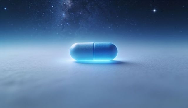 Floating blue capsule glowing with neon halo against milky way galaxy backdrop health concept