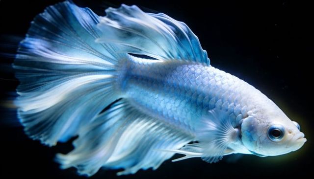 Iridescent blue-white betta gliding with flowing fins under soft aquarium lighting