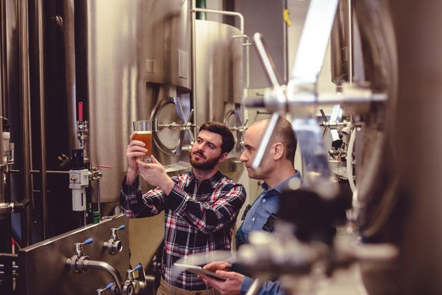 Male owner and worker examining beer in glass at brewery