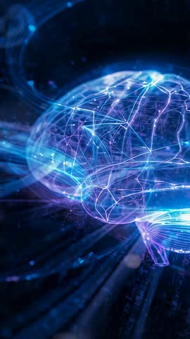 Vertical holographic brain rotating with glowing neural network and pulsing data streams