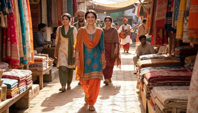Smiling woman walking through vibrant indian bazaar in turquoise kurta and orange salwar