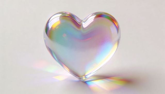 Iridescent Glass Heart Casting Prism Rainbows on Minimalist White Surface Decor