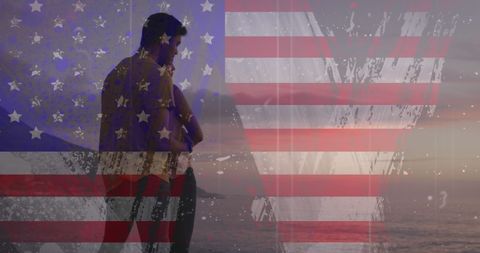 Interracial Couple Admires Beach View with USA Flag Overlay