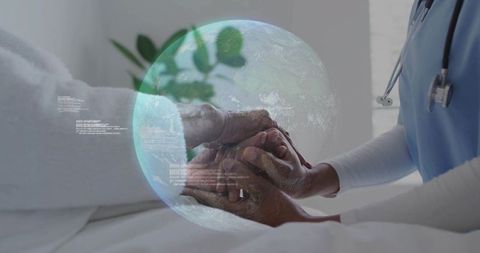 Nurse holding patient's hands surrounding earth hologram global care