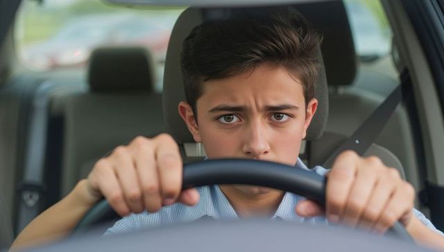 Teen driver gripping steering wheel, frowning, concentrating driving, wearing seatbelt