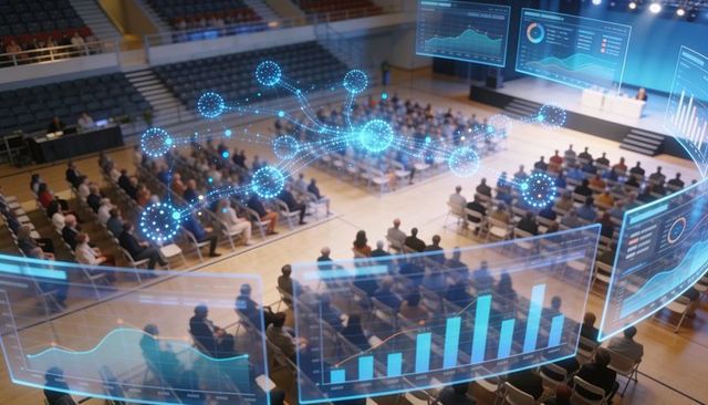 Audience viewing augmented reality data dashboards and ai visualizations at conference