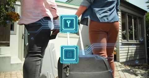 Couple walking pulling luggage with digital lock and key icons near home entrance
