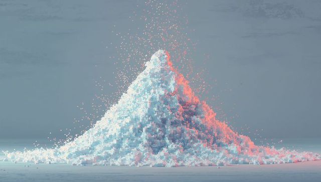 Forming conical voxel mound glowing in cyan and pink duotone with floating particles