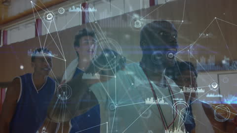 Diverse Basketball Team Analyzing Data with Digital Overlay