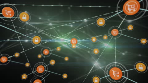Digital Network with Shopping Cart and Lock Symbols on Abstract Background