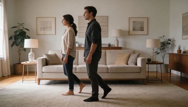 Young couple walking through sunlit minimalist midcentury living room interior