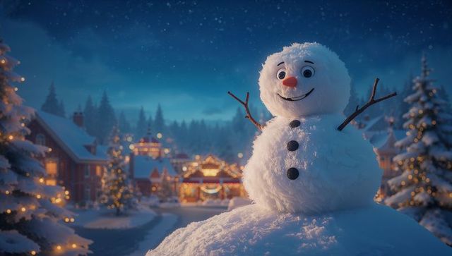 Joyful snowman illuminating festive winter village scene