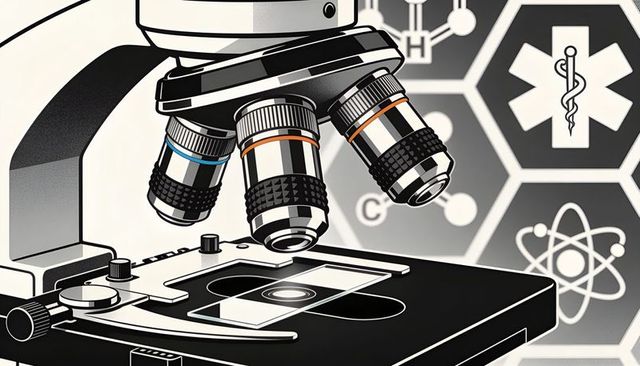 Microscope focusing on research slide with medical hex icons, monochrome illustration