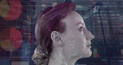 Profile of businesswoman with digital financial data overlay