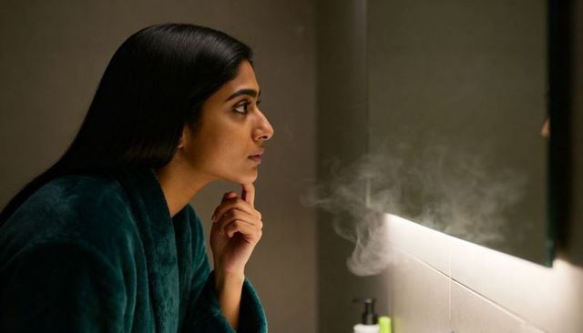 Inspecting skin in mirror steam self-care routine wearing dark green robe