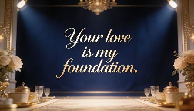 Displaying gold-script love quote on navy velvet stage with gold tableware and chandelier