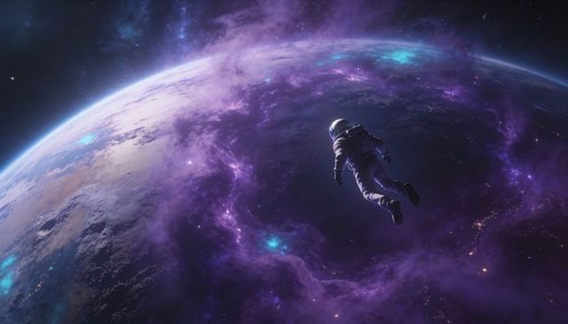 Astronaut floating above earth surrounded by purple nebula and luminous starfield