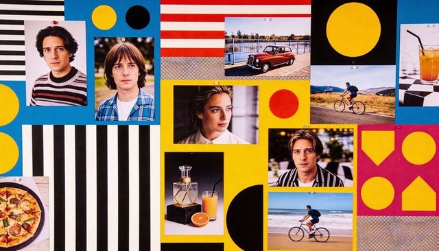 Colorful geometric moodboard featuring portraits, lifestyle shots, vintage car and beverage