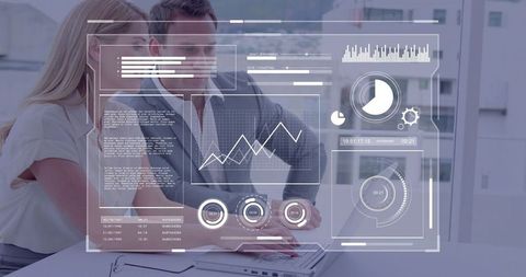 Business professionals analyzing data on laptop with futuristic hud