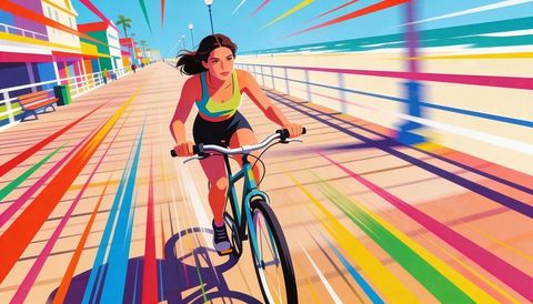 Female cyclist riding vibrant seaside boardwalk with speed lines and dynamic motion