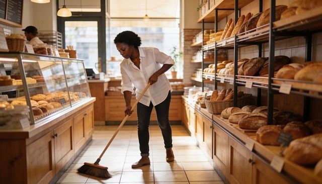 Bakery worker sweeping tiled floor while organizing fresh artisan bread on wooden racks