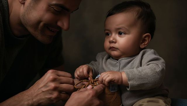 Father tying baby shoe laces while infant holding laces close bonding moment