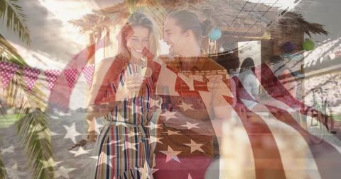 Couple Enjoying Tropical Vacation under American Flag Overlay