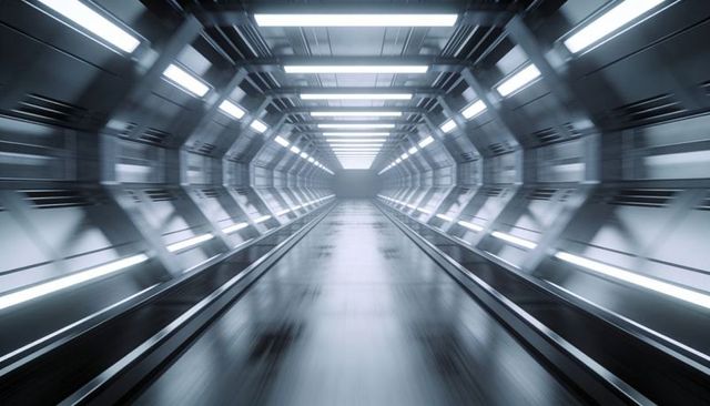 Futuristic Metallic Corridor Converging Toward Bright Vanishing Point LED-Lit Symmetrical Tunnel