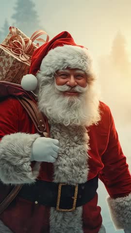 Camera pulling back revealing Santa Claus carrying gift sack through snowy forest at dusk