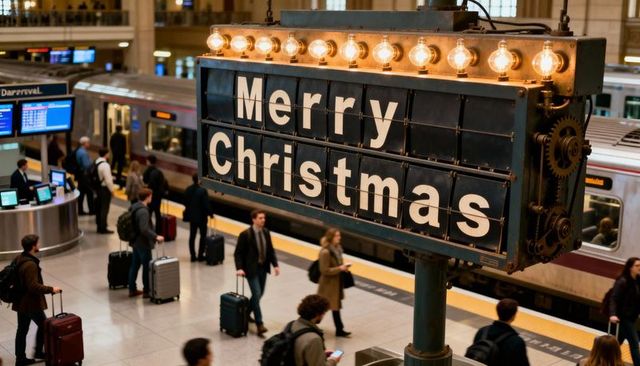 Vintage split-flap Merry Christmas sign hanging over bustling train platform, commuters traveling