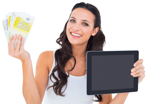 Smiling Woman Using Tablet Holding Euro Banknotes on Transparent Background
