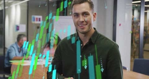 Businessman Analyzing Virtual Stock Charts in Modern Office