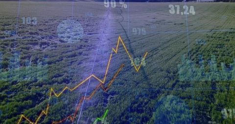 Aerial drone monitoring crop canopy with analytics overlays for precision agriculture