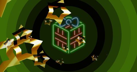 Falling stars with neon christmas gift and spiral green background