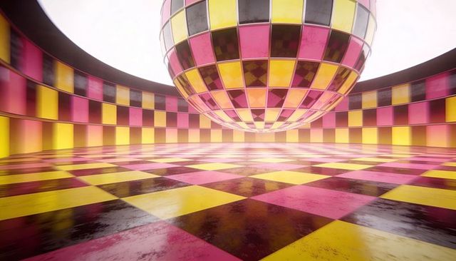 Floating checkered sphere reflecting magenta and yellow light in glossy tiled curved room
