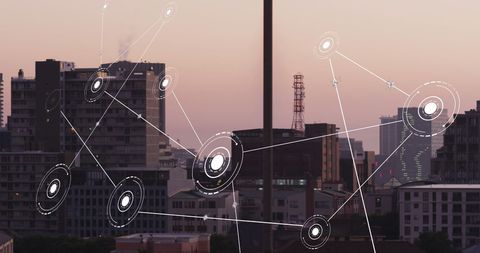 Digital Network Connectivity Over Urban Cityscape with Muted Pastels