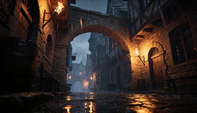 Moody medieval alley at night with arched stone gateway wet cobbles reflecting torchlight