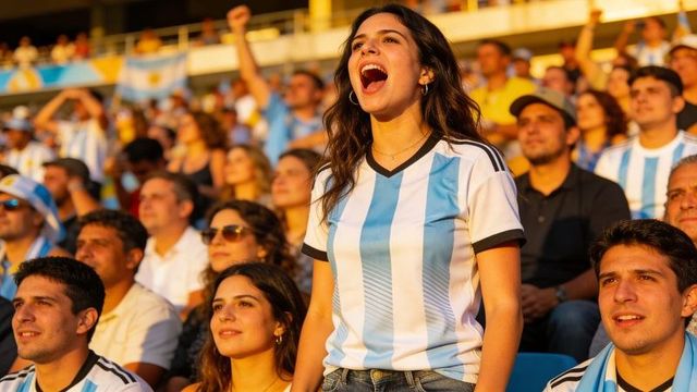 Passionate argentina football fan standing and cheering in stadium wearing jersey and jeans