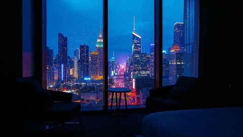 Rain-splashed skyline glowing through hotel floor-to-ceiling windows with neon city lights