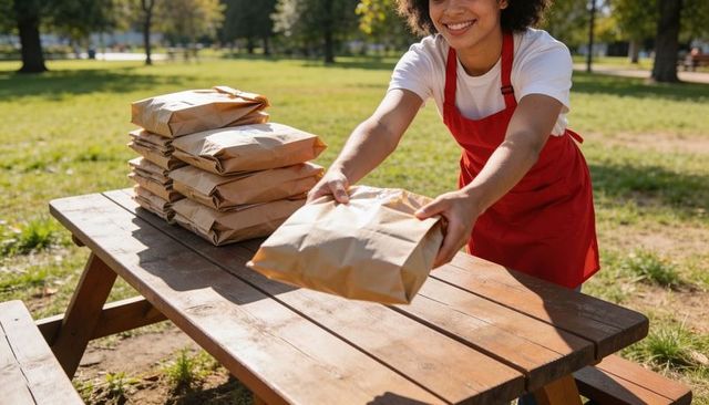 Volunteer distributing packed lunch bags at park picnic table for community outreach